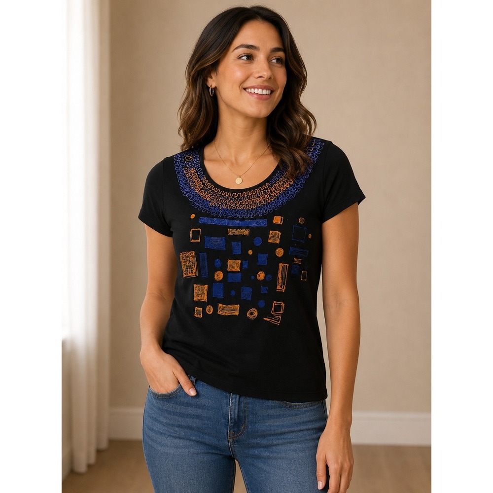 Banana Republic Black Embroidered Short Sleeve Top Women's Large Boho Art Tee